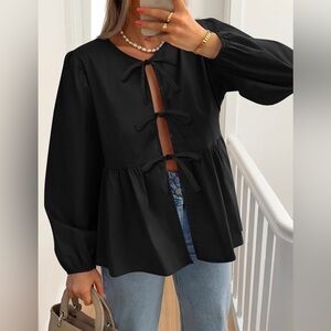 NWT Tie Front Long Puff Sleeve Button Peplum Babydoll Cute Shirt